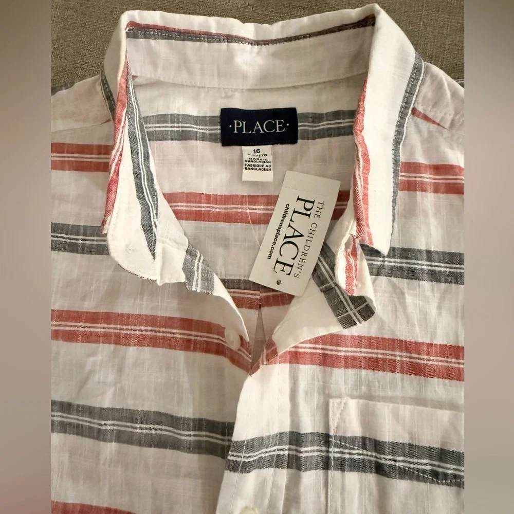 The‎ Children's Place Red and Gray Striped Button Down Shirt NWT. Size 16.